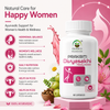 A white bottle of Prakriti Divyasakhi Happy Women ayurvedic capsules displayed on a pink pedestal against a pink background with wellness text and icons.
