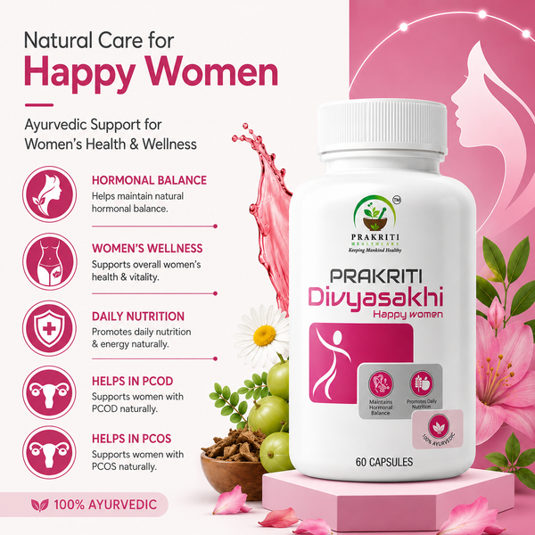 A white bottle of Prakriti Divyasakhi Happy Women ayurvedic capsules displayed on a pink pedestal against a pink background with wellness text and icons.
