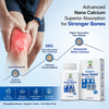 Promotional graphic for Prajñāti Advanced Nano Calcium Ortho Care capsules, showing a person holding a knee with a red pain highlight, text comparing absorption rates, a bottle and box of the supplement, and feature icons at the bottom.