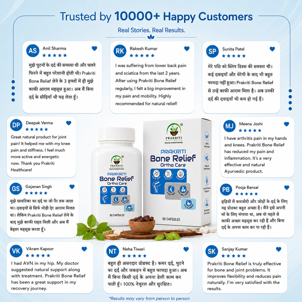 An infographic-style promotional graphic for PraviKumari Bone Relief Ortho Care capsules. The design features a large product box on the right, a smaller capsule bottle on the left, and multiple customer testimonials written in Hindi with star ratings arranged around them on a white background with blue header and footer banners.