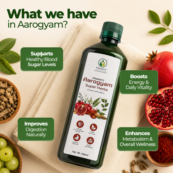 A bottle of Prakriti Aarogyam Super Herbs is displayed on a beige cloth with surrounding ingredients like pomegranates, green grapes, and spices. Text overlays highlight the product's health benefits.