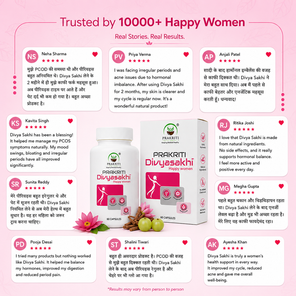 An infographic-style promotional graphic for Praxiti Divyasakshi menstrual tablets. The design features a white and pink product box in the center, surrounded by testimonial reviews from 100+ happy women in Hindi, set against a light pink background with a pink heart pattern.