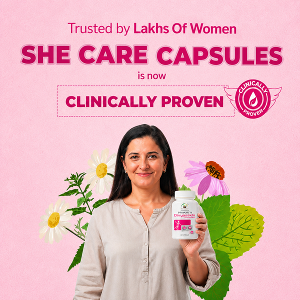 A woman in a beige top holds a bottle of She Care Capsules against a pink background with floral graphics and promotional text.