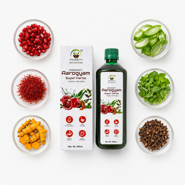 A bottle and box of Pranaviti Premium Aerogym Super Herbs juice powder arranged on a white background, surrounded by small bowls of ingredients including red pomegranates, saffron, yellow turmeric, green aloe vera, mint, and cloves.